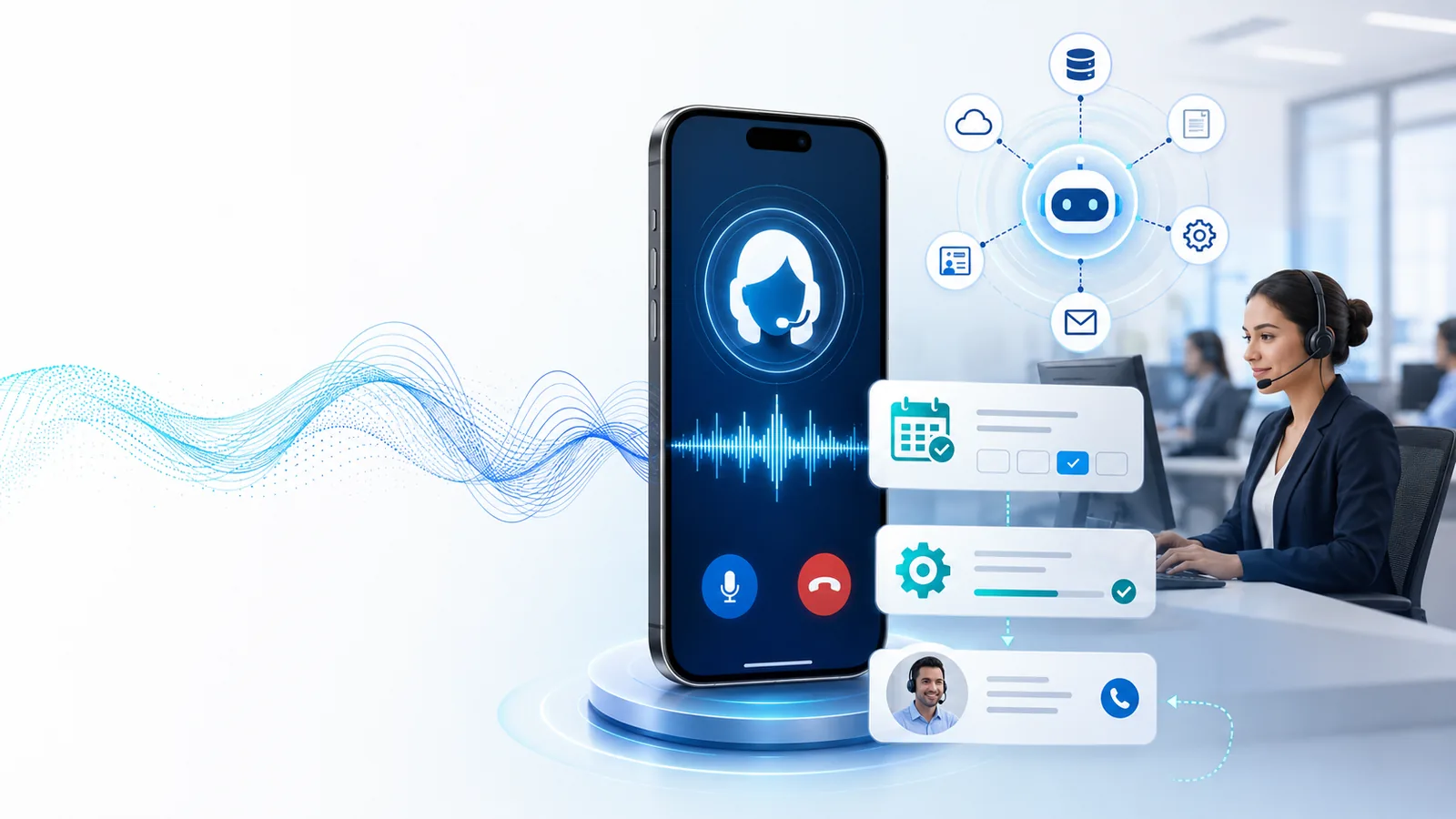 VoiceDesk connecting an AI-assisted phone call with scheduling, business systems, and human support